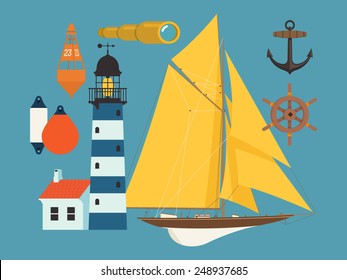 Vector modern flat design nautical maritime items featuring lighthouse, spyglass, lifebuoy and sailing yacht