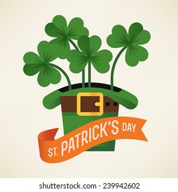 Vector modern flat design on Happy Saint Patrick's Day featuring leprechaun hat with shamrock leaves and orange ribbon with greeting text