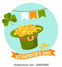 Vector modern flat design on Happy Saint Patrick's Day with leprechaun hat, coins, clover leaf, flags and orange ribbon with hand drawn text. 