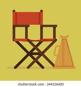 Vector modern flat design red director's chair with speaking trumpet isolated