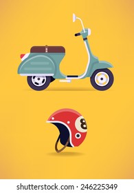 Vector Modern Flat Design Retro Scooter With Helmet Icons, Isolated, Side View | Two Wheeled Transport Moped With Road Traffic Safety Item Helmet