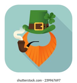 Vector modern flat design round corners icon on Saint Patrick's Day character leprechaun with green hat, red beard, smoking pipe and no face