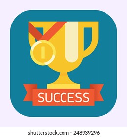 Vector modern flat design round corners web icon on success, victory golden bowl prize and medal award, winning and achievement