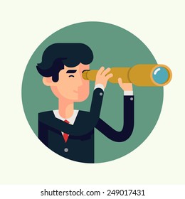 Vector modern flat design round shaped visual business character illustration on search in business strategy and industry with man looking forward through spyglass observing 