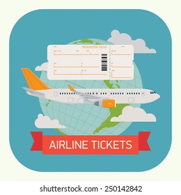 Vector modern flat design round corners icon on airline tickets with jet airliner flying, boarding pass blank and globe with clouds on background | Airfare booking web application icon