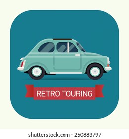 Vector modern flat design round corners web icon on retro city tours with retro old fashioned european city small car