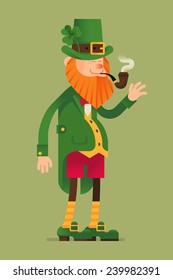 Vector modern flat design Saint Patrick's day character leprechaun standing full length, smoking pipe and waving hand, isolated