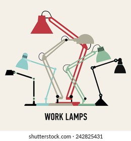 Conjunto moderno de diseño plano vectorial de seis lámparas de trabajo| Equipos de área de trabajo: lámparas regulables, vista lateral 