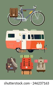 Vector modern flat design set on camping lifestyle, traveling, nature exploration, backpacking, recreational activity with caravan travel trailer, various equipped backpacks and touring bicycle