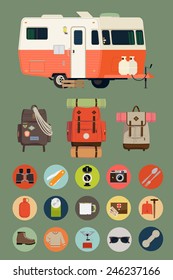 Vector modern flat design set on camping lifestyle, traveling, nature exploration, backpacking, recreational activity with caravan travel trailer, various equipped backpacks and camping essentials