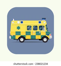 Vector modern flat design special vehicle icon on yellow and blue checkered ambulance van, rounded corners | Emergency paramedic car symbol, side view
