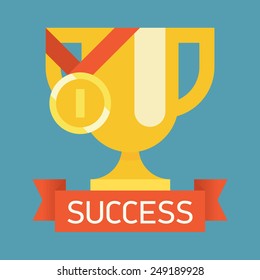 Vector modern flat design square web icon on success, victory golden bowl prize and medal award, winning and achievement