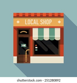 Vector modern flat design square architecture detailed icon on retro style local shop store facade with awning | Small business icon with store facade