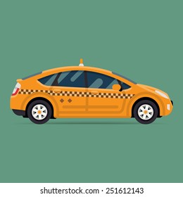 Vector modern flat design square web icon on commercial transport contemporary modern eco friendly hybrid yellow taxi cab, isolated, side view