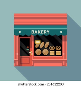 Vector modern flat design square architecture web icon on retro style local bakery shop store pink facade with awning and bread products exposed in window