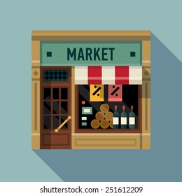 Vector modern flat design square architecture web icon on retro style local grocery market shop store facade with awning and goods and products exposed in window