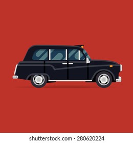 Vector modern flat design square web icon on commercial transport London classic black taxi cab, isolated, side view | Retro hackney carriage black taxi automobile