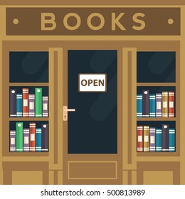 Vector modern flat design square architecture old style local books shop store. Books exposed in windows.