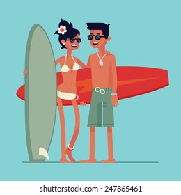 Vector modern flat design summer beach and water sport activities cartoon characters young laughing surf man and woman couple holding their surfboards, full length, isolated