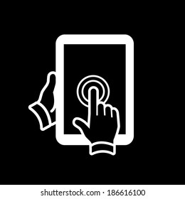 vector modern flat design tablet touch screen double tapping icon gesture with one finger white on black background