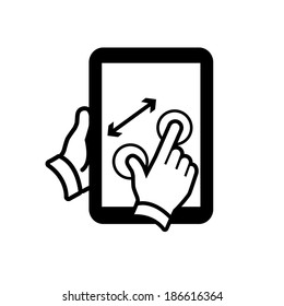 vector modern flat design tablet touch screen icon zoom out or in gesture pinch with two fingers black isolated on white background