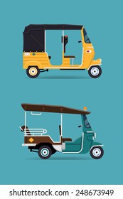 Vector Modern Flat Design Transport Vehicle Icons On Exotic Destination Oriental Countries Baby Taxi Auto Rickshaw Tuk Tuk Three Wheeler Tricycles 