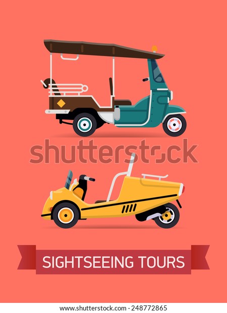 Vector modern flat design transport elements icons on\
three wheeled two seat scooter car and retro orient tuk tuk auto\
rickshaw 