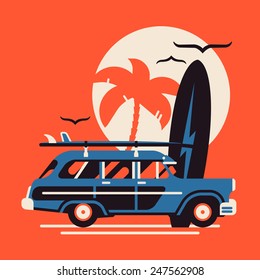 Vector modern flat design wall art on summer vacation on surf beach featuring retro woody car with surfing boards and palm silhouette on large sun circle