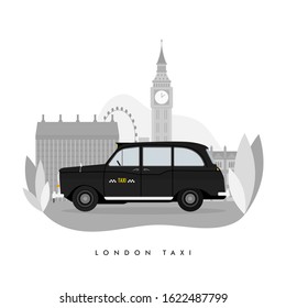 Vector Modern Flat Design Web Icon On Commercial Transport London Classic Black Taxi Cab, Isolated, Side View. Retro Hackney Carriage Black Taxi Automobile. London Street Big Ben Background.