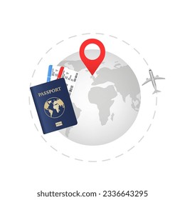 Vector modern flat design web icon on airline tickets and travel with passport, boarding pass ticket and globe with a plane. World map design. Vector illustration