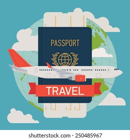 Vector modern flat design web icon on airline tickets and travel with jet airliner flying, passport, boarding pass ticket and globe with clouds | Airfare booking square printable