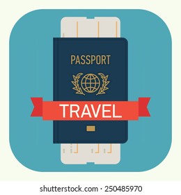 Vector modern flat design web icon on travel and tourism featuring passport with boarding pass airline ticket, isolated, round corners