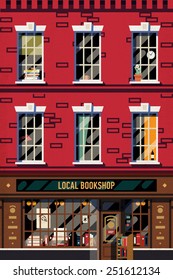 Vector modern flat design web banner or printable poster background on downtown brick building structure facade with detailed windows and old fashioned antiquarian book shop front on ground floor