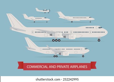 Vector modern flat design web icons on flying commercial and private personal transport passenger jet and single engine air planes, airliner, business jet, jumbo jet, side view, isolated