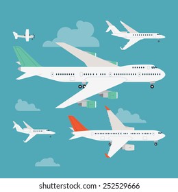 Vector modern flat design web icons on flying commercial and private personal transport passenger jet and single engine air planes, airliner, business jet, jumbo jet, side view with wings, isolated