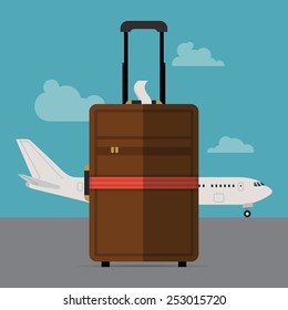 Vector modern flat design web banner background on hand cabin size luggage suitcase standing with regular airline jet plane standing on blue sky with clouds background