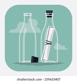 Vector modern flat design web icon on message in bottle with empty and corked glass bottles