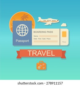 Vector modern flat design web icon on airline tickets and travel with jet airliner flying, passport, boarding pass ticket  and travelling bag