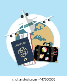 Vector Modern Flat Design Web Icon On Airline Tickets And Travel With Jet Airliner Flying, Passport, Boarding Pass Ticket And Globe With Clouds 