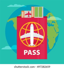 Vector modern flat design web icon on airline tickets and travel with jet airliner flying, passport, boarding pass ticket and globe with clouds. Airfare booking square printable
