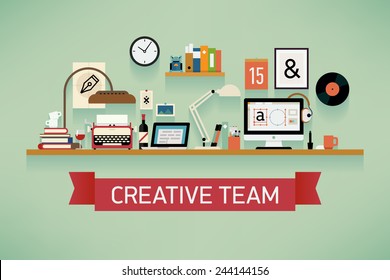 Vector modern flat design website cover on creative team featuring various workspace icons like retro typewriter, desktop computer with graphic design software, book shelf, work lamps, laptop and more