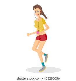 Vector modern flat design woman wearing headphones listening music. Cartoon character of music lover enjoying his favorite track. Music lover woman listening to music and playing sports, jogging run