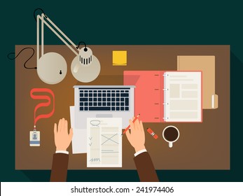 Vector modern flat design work desk with hands, paper documents, table lamp, laptop and more. Top view | Concept design on paper work