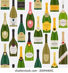 Vector modern flat design wrapping paper pattern featuring different  wine bottles | Seamless champagne bottles pattern 