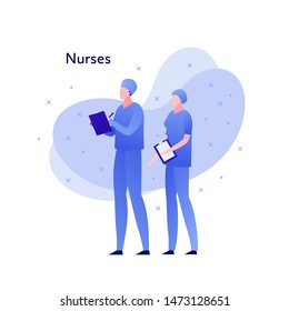 Vector modern flat doctor character illustration. Couple of man woman nurse on memphis amoeba background on white. Design element for medical banner, poster, infographics, hospital, clinic