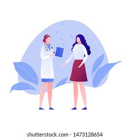 Vector modern flat doctor and patient character illustration. Female medic and woman on memphis amoeba background on white Design element for gynecology, banner, poster, infographics, hospital, clinic