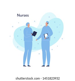 Vector modern flat doctor profession person illustration. Nurse in blue uniform with notepad mask consulting. Memphis fluid shape isolated on white background. Design element of nursing, caregiving