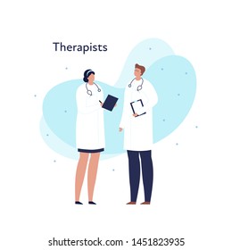 Vector modern flat doctor profession person illustration. Male and female medic with stethoscope meeting with memphis fluid shape isolated on white background. Design element of therapy department