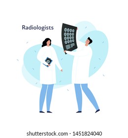 Vector modern flat doctor profession person illustration. Radiologist in coat with scan image discussing. Memphis fluid shape isolated on white background. Design element of radiology department