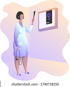 Vector moderne Wohnung Arzt Beruf Person Illustration. Radiologe im medizinischen Gewand, der den Bildscan betrachtet. Fachmediziner